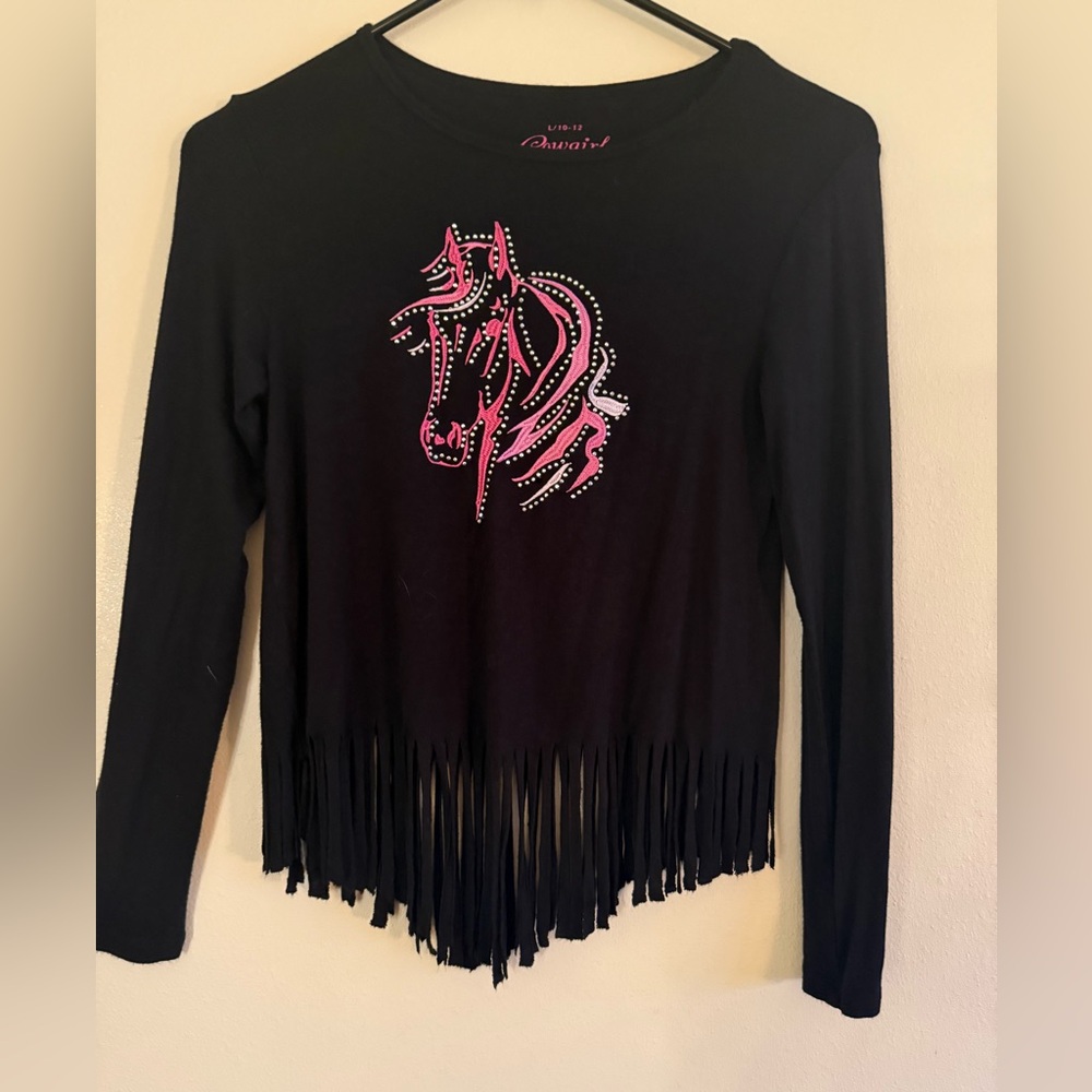 Fringe Long Sleeve Kids Tee with Pink Horse Design